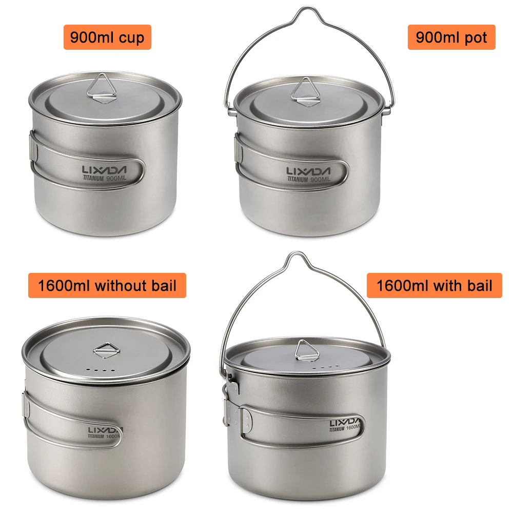 900ml/1600ml Titanium Cup Pot Portable Water Picnic Hanging with Lid Foldable Handle Outdoor Tableware Camping Cookware | Спорт и