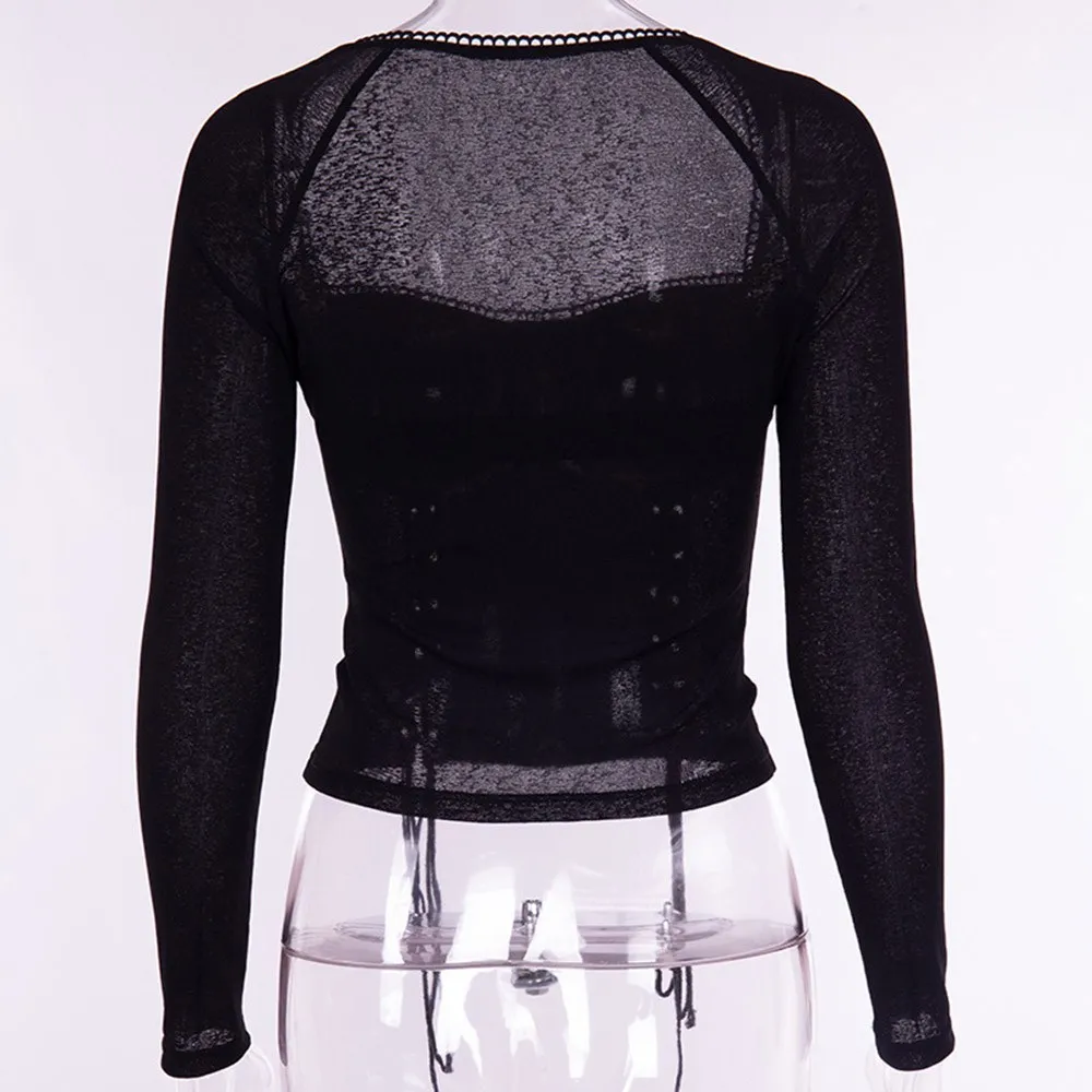 Black Gothic Vintage Square Neck Tee Shirt Women Lace Up Low Cut Long Sleeve Crop Tops Elastic 2018 Autumn Tie Clothes | Женская одежда