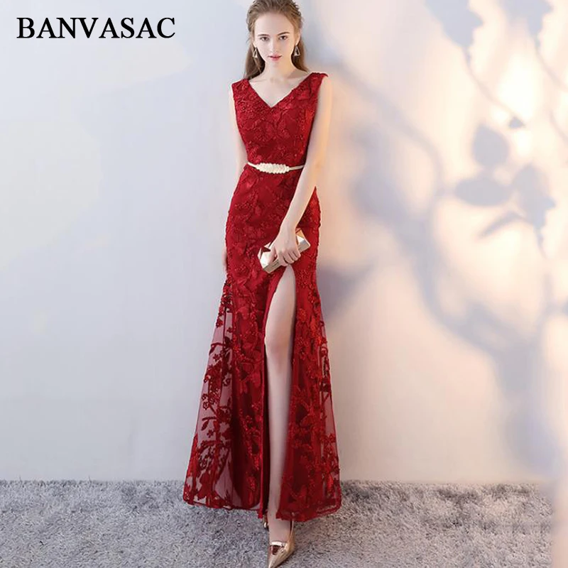 BANVASAC 2019 элегантные кружевные Длинные вечерние платья с V образным вырезом и