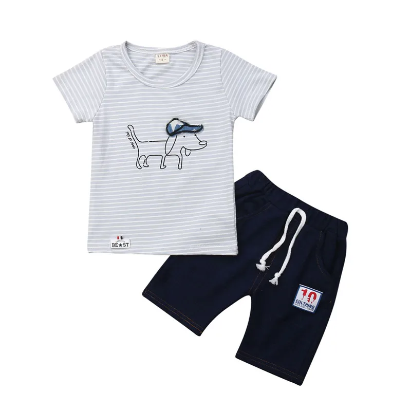 Fashion Toddler Kids Baby Boy Summer 2Pcs Sets Striped Dog Tops T-shirt+Lace-up Denim Shorts Outfits Cotton Clothes 9M-4Y |