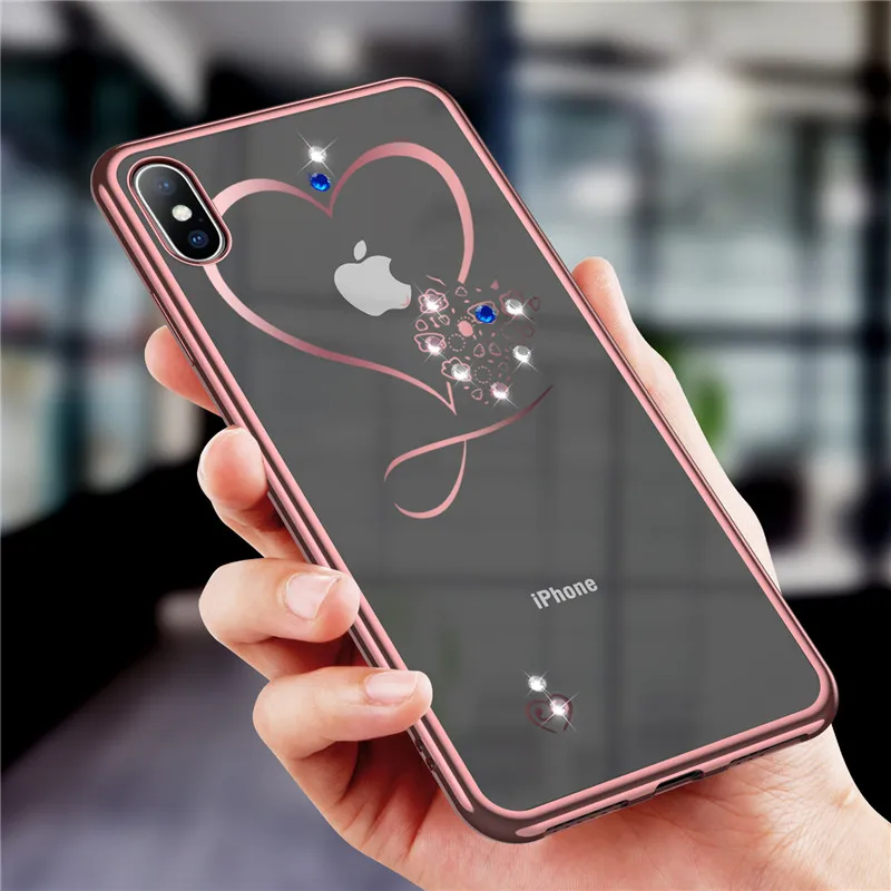 Роскошный чехол для телефона с бриллиантами и сердечками iphone XS MAX XR X покрытый