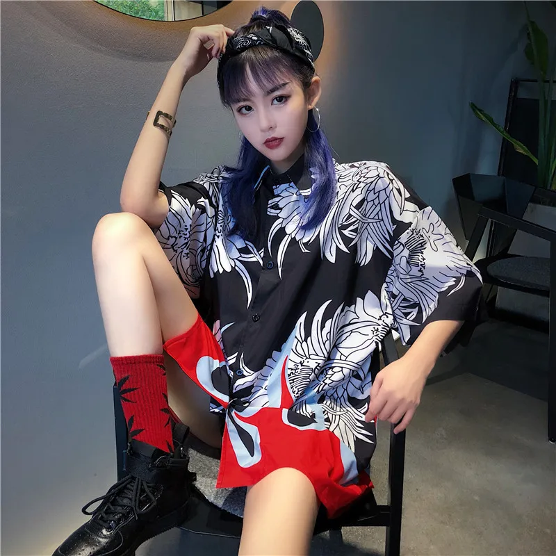 Harajuku женская с коротким рукавом Свободная летняя блуза оверсайз длинный принт