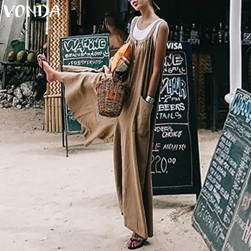 

VONDA Women Sexy Wide Leg Pants 2021 Summer Female Rompers Jumpsuits Casual Loose O Neck Pockets Sleeveless Overall Plus Size