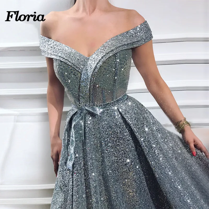

Sliver Off Shoulder Formal Evening Dresses Robe de Soiree Arabic Couture New Split Celebrity Party Gowns 2019 Dubai Prom Dress