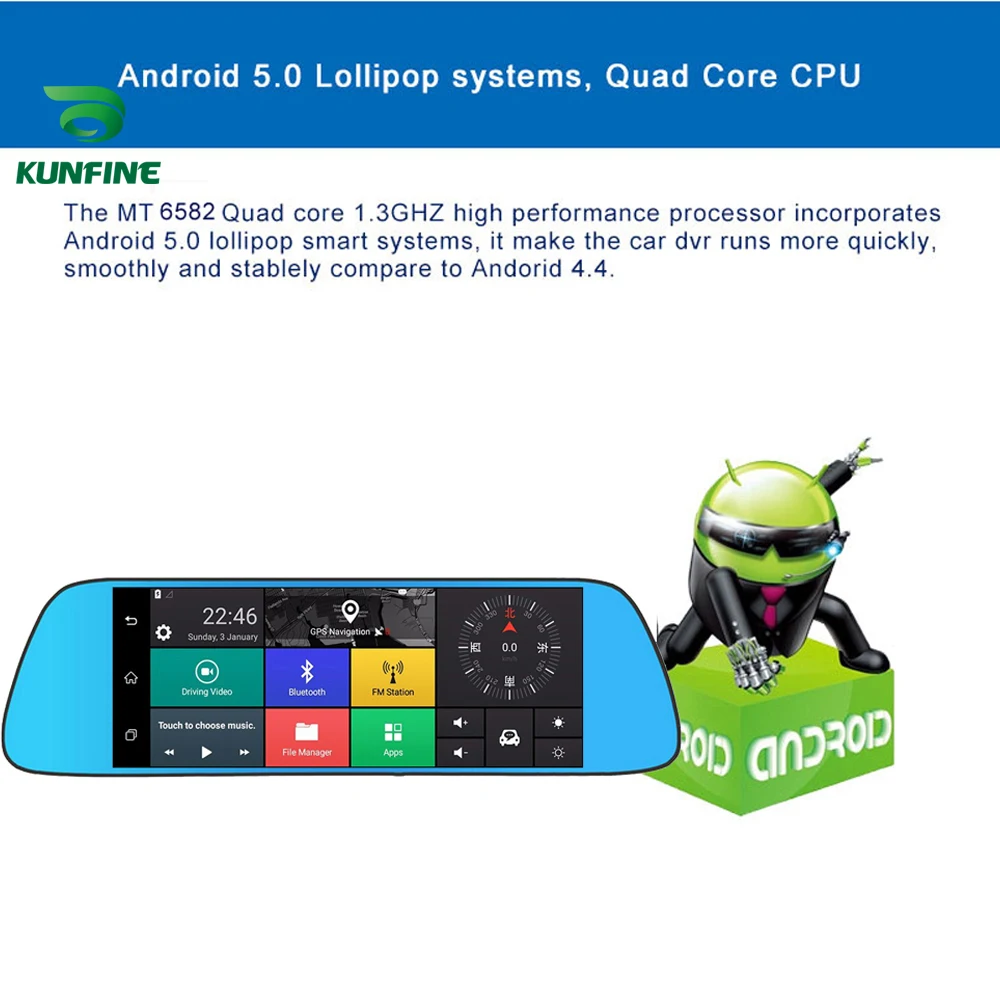 KUNFINE 10 &quotAndroid GPS Navi видеорегистратор Автомобильный зеркальный две камеры Запись