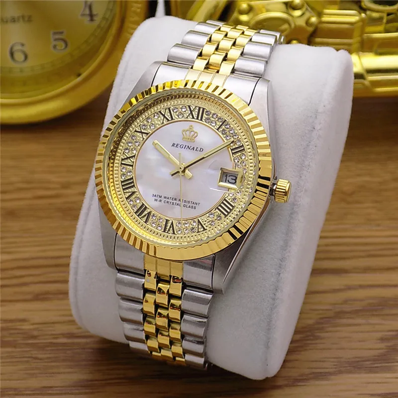 

Fashion Classic REGINALD Brand Datejust Quartz Watch Men Fluted Bezel Vintage Roman Dial Full Stainless Steel Luminous Clock