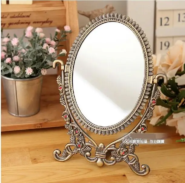 double-face retro bronze copper foldable alloy metal table makeup dresser desktop cosmetic decorative mirror embossed frame |