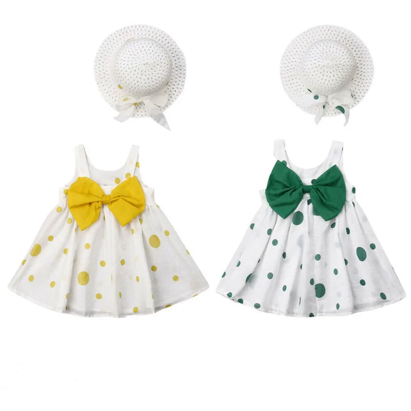 2019 Summer Kids Baby Girl Dress Sleeveless Bowknot Polka Dot Princess Girls Boho Party Dresses Hat 2PCS Children Clothes 6M-3Y | Детская