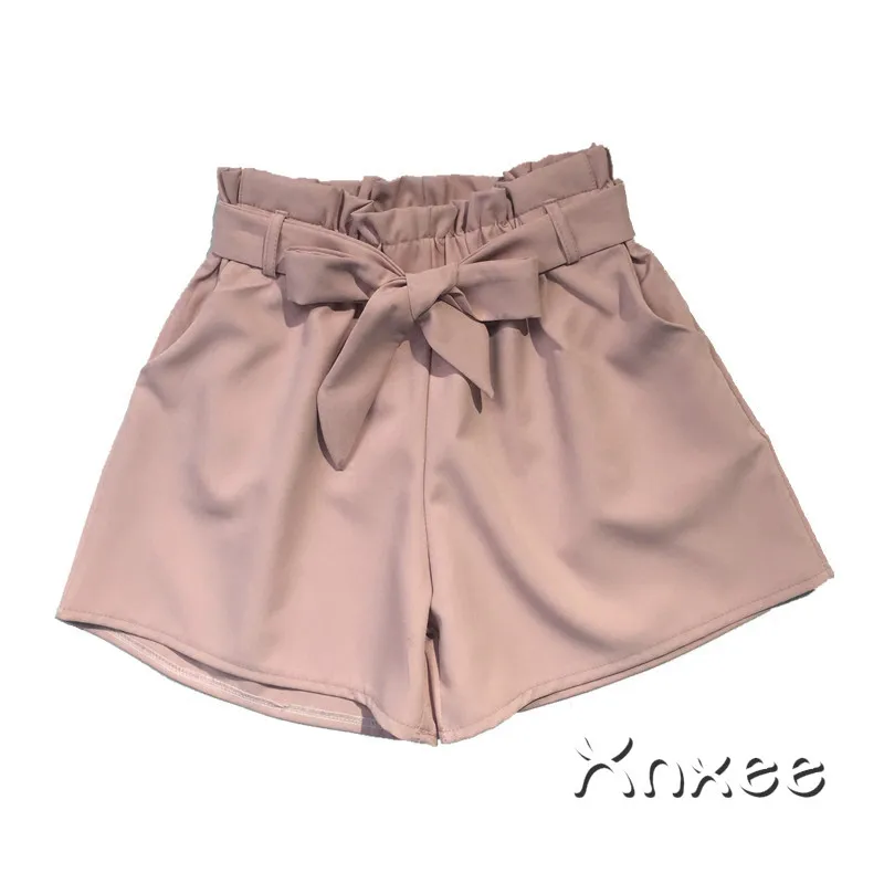 

2020 New Summer Autumn Fashion Elastic Sashes High Waist Shorts Women Vintage Wide Leg shorts Solid Thin Bow Female Shorts