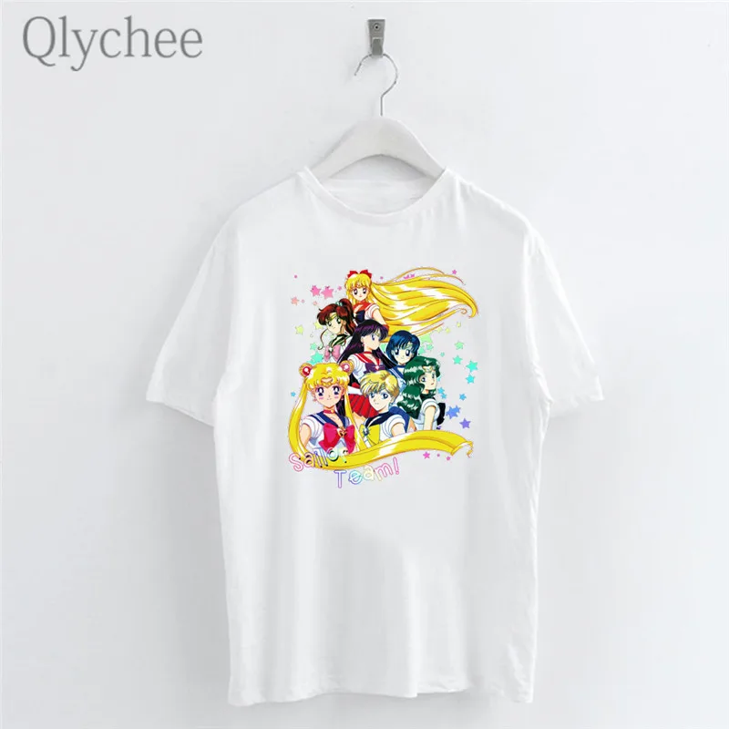 Женская футболка Qlychee Harajuku Sailor Moon Повседневная Свободная белая с коротким