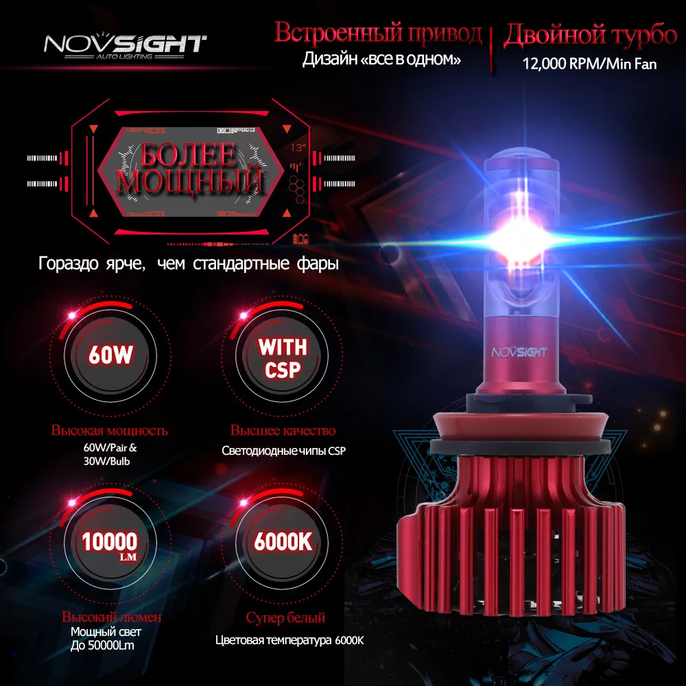 NOVSIGHT супер мини 10000Lm 60 Вт H4 H7 светодиодные лампы для автомобилей H1 H11 H8 наборы