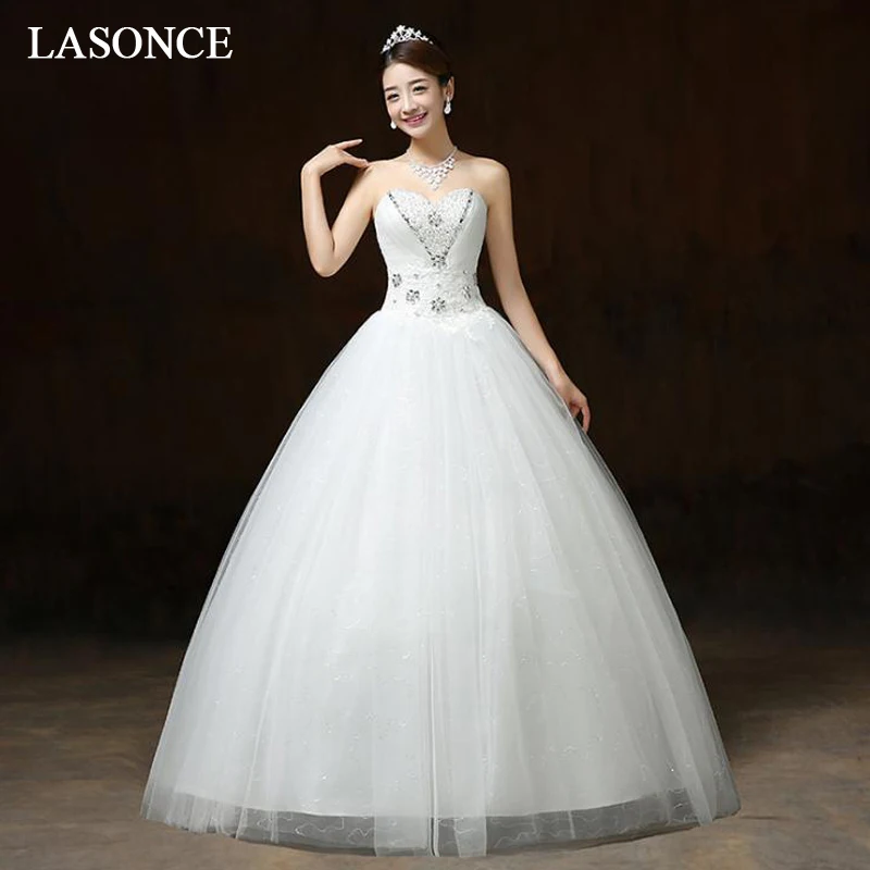 

LASONCE Crystal Strapless Lace Appliques Ball Gown Wedding Dresses Off The Shoulder Pleat Backless Bridal Gowns