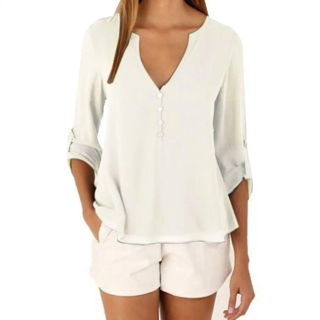 Women Fashion V Neck Long Sleeve Summer Spring Autumn Solid Buttons Chiffon Blouse Pullover Casual Regular |