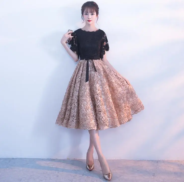 

Black Champagne Elegant Dresses Midi Formal Party Dress Short Sleeves Women Dress Female Lace Formal Party Dress