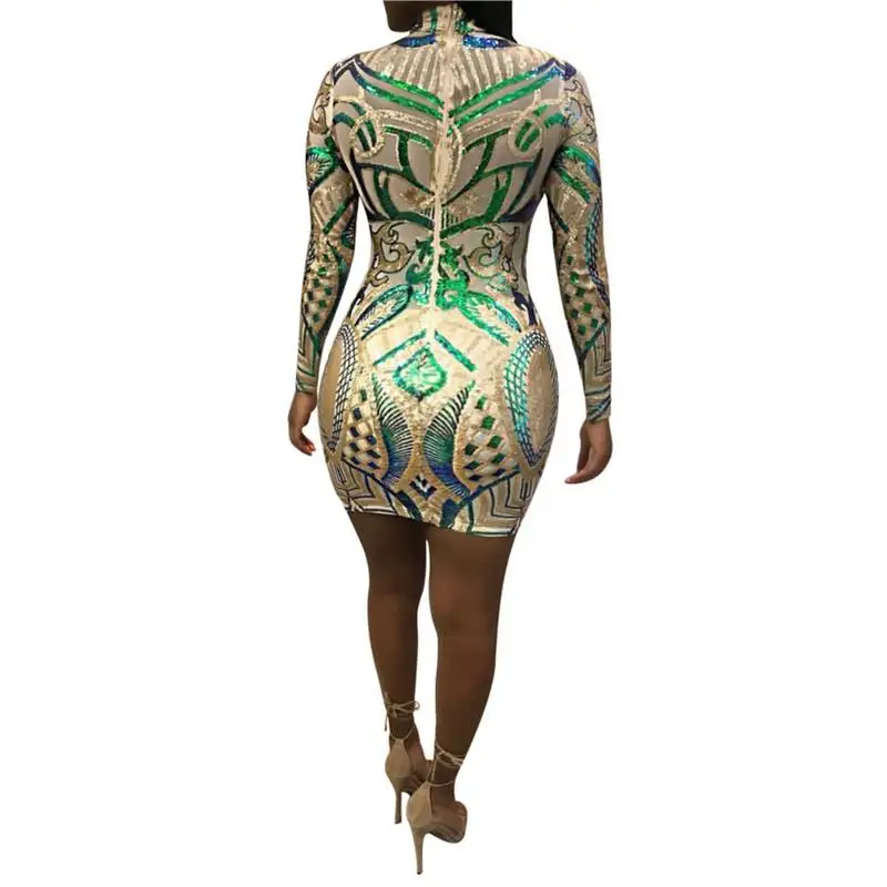 Мода абрикос блёстки с длинным рукавом клуб платье Великолепная водолазка Bodycon