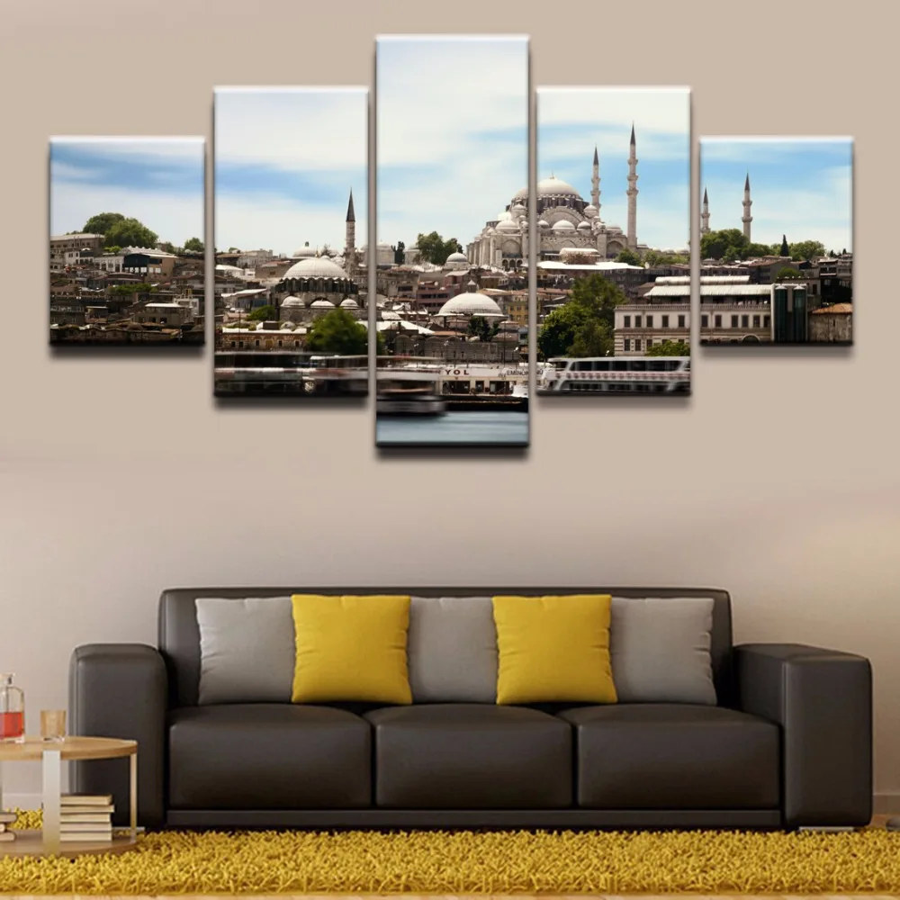 5 панельных холщовых картин с изображением здания и мечети из стамбала настенное