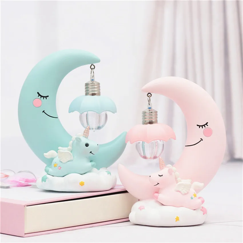 

1PCS Unicorn Moon Resin Cartoon Night Lamp Fairy Garden Kids Girls Room Ornaments Baby Bedroom Decor Crafts With LED Light