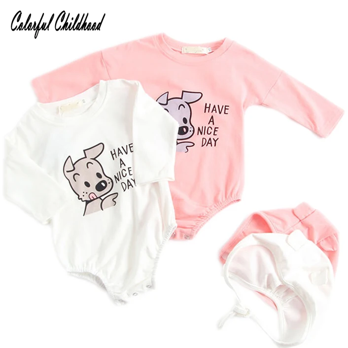 

Newborn Infant Baby Bodysuit Long Sleeve Girls Cute puppy Pattern Printed Playsuits Bodysuits Winter Children Clothes With Hat