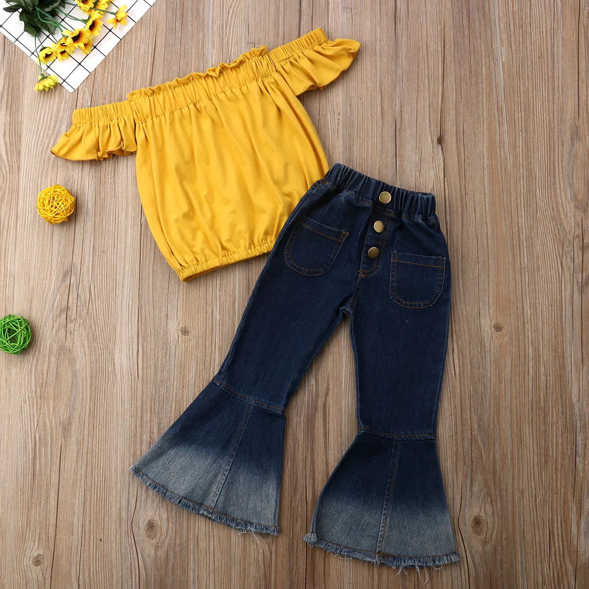 Pudcoco 2pcs Newborn Kid Baby Girls Clothes Off Shoulder Tops Denim ell-Bottoms Pants Flared Pants  Summer Outfits Clothes Set images - 6