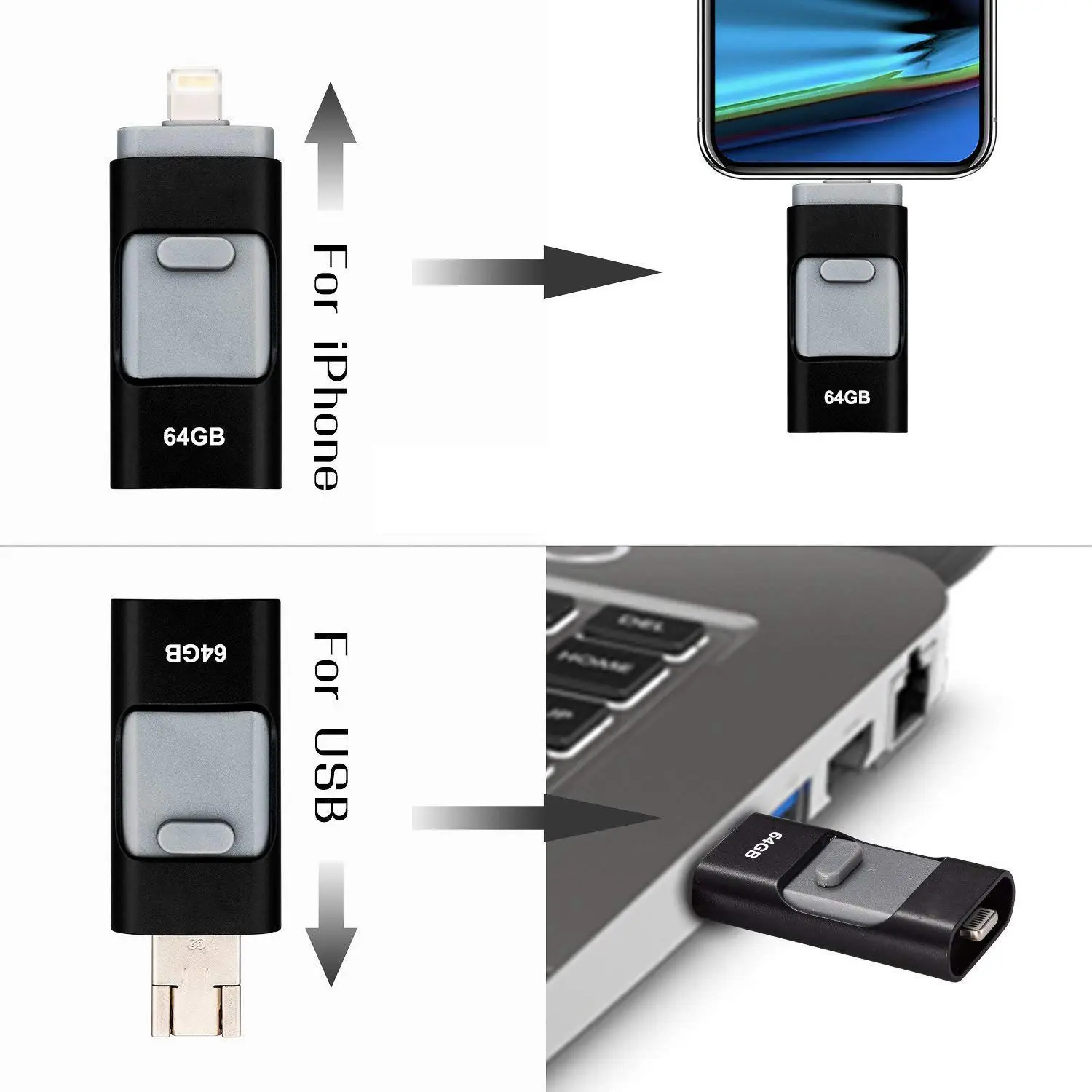 Телефон USB флешка 64 ГБ 3in1 OTG iPad Memory Stick iOS External Storage Expansion для Android ПК Ноутбуки (черный)|USB флэш-накопители| |