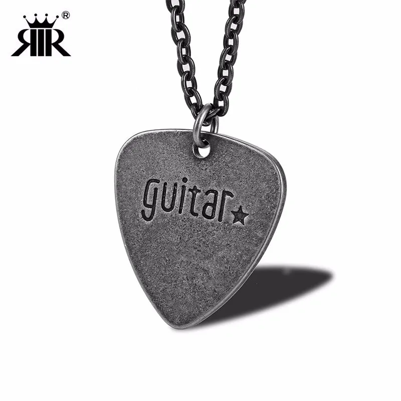

RIR Hip Hop Style Stainless Steel Retro Color Guitar Pick Pendant Necklace Unique Instrument Men's Jewelry Necklace