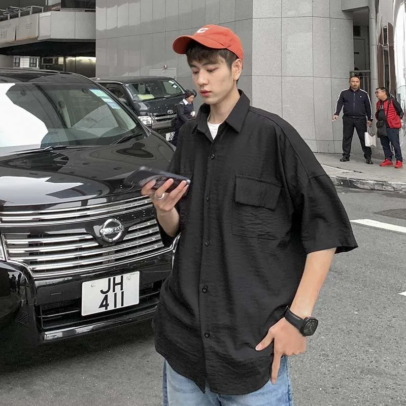 

2019 Summer Men's Loose Students Short Sleeve High-quality Pocket Shirt Popular Brand Half Sleeve Male French Cuff Shirts M-2XL