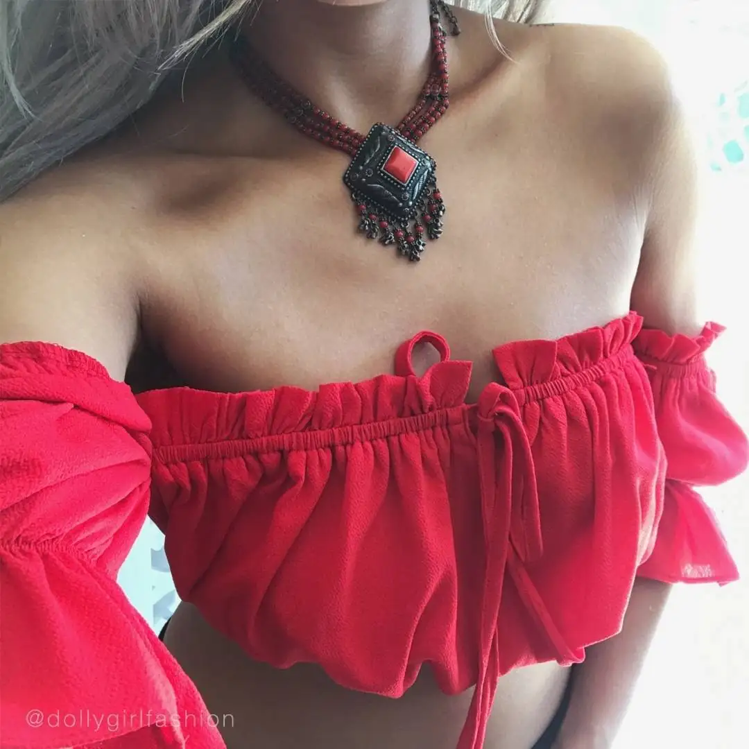 Женский короткий топ с рукавами-фонариками сексуальный пляжный Топ без бретелек