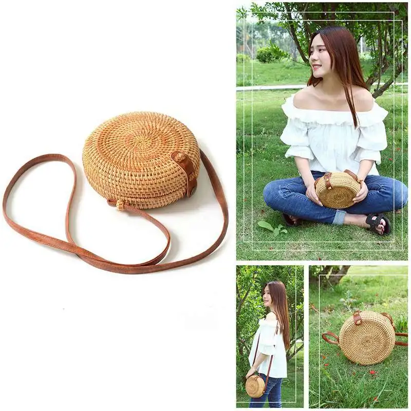 

INS new ladies hand-woven bag round rattan retro literary hand-woven leather buckle package Bohemia Beach Messenger bag
