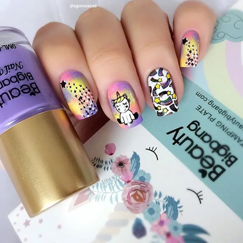BeautyBigBang пластины для стемпинга ногтей прекрасный единорог Радуга облако шаблон пластины прямоугольный трафарет штамп для ногтей BBB XL-007