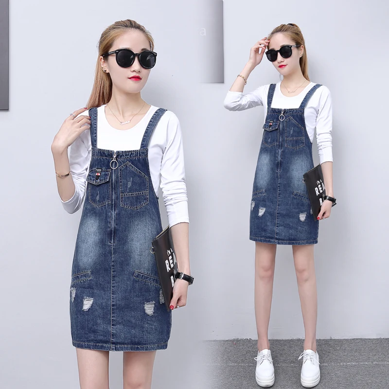 2 piece suits 2019 spring women's fashion new hole pocket denim strap dress students female Casual spaghetti | Женская одежда