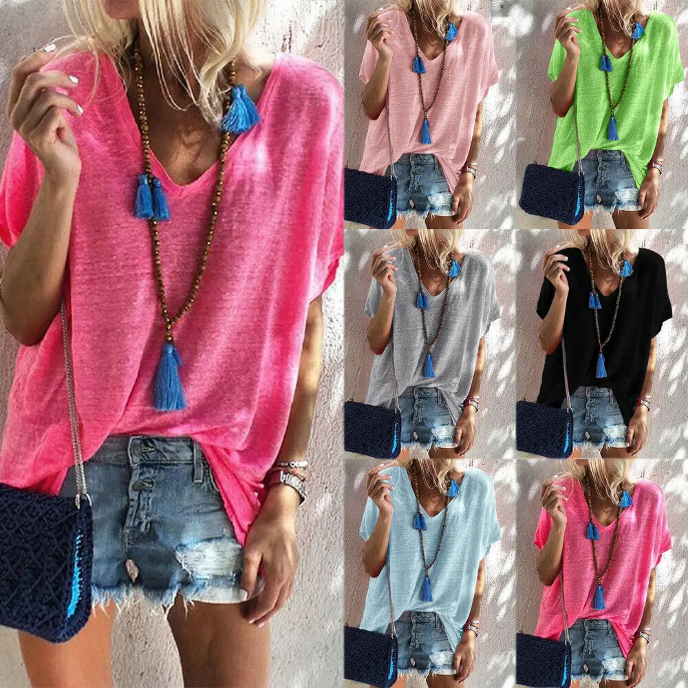 Женская Повседневная футболка с коротким рукавом свободный однотонный топ