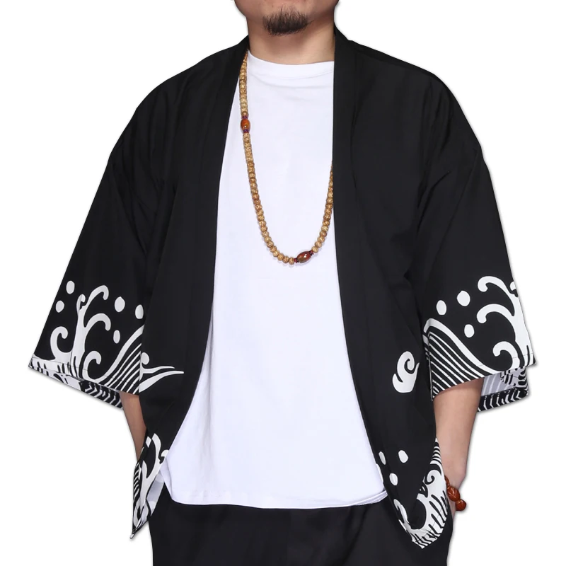 Японские кимоно yukata kimino haori кардиган халат для мужчин черный принт японский Топ