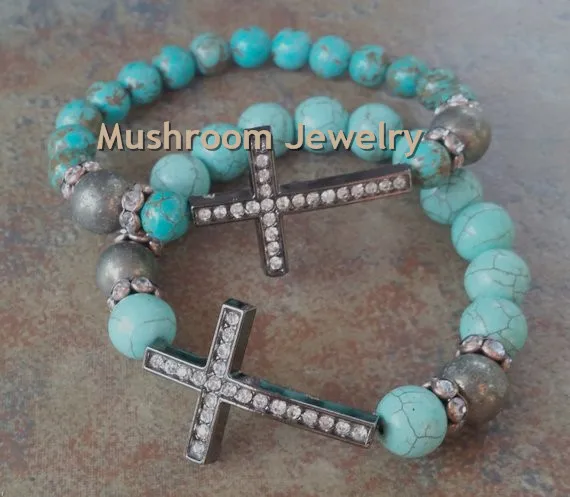 Natural Turquoise Stone Bracelet Metal Rhinstone Cross Pendant For Women boho bracelet