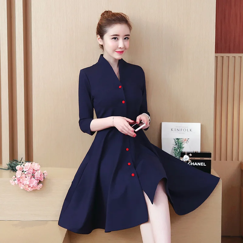 

2018 Autumn New Pattern European Will Code Self-cultivation Thin V Word Lead Single Row Buckle Fashion Temperament Dress