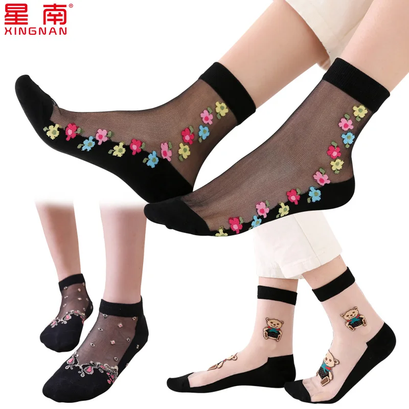 

Purple Flower Cotton Crystal Silk Socks Female Socks In The Waist Glass Transparent Short Socks For Women 5 Pairs