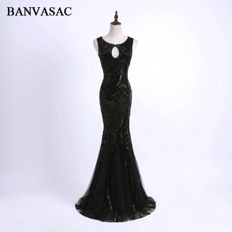 BANVASAC 2019 O Neck Sequined Sleeveless Mermaid Long Evening Dresses Elegant Party Tulle Open Back Prom Gowns | Свадьбы и торжества