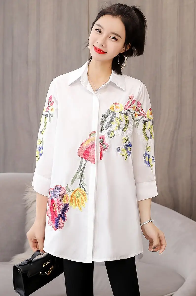 2019 New Spring Women Shirts Lantern Sleeve After Shortfore Long Blouse Shirt White Navy 5650