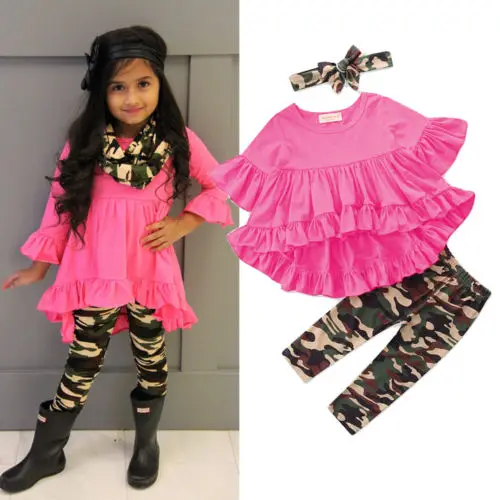 Детская камуфляжная одежда для девочек Pudcoco розовое платье + леггинсы повязка на