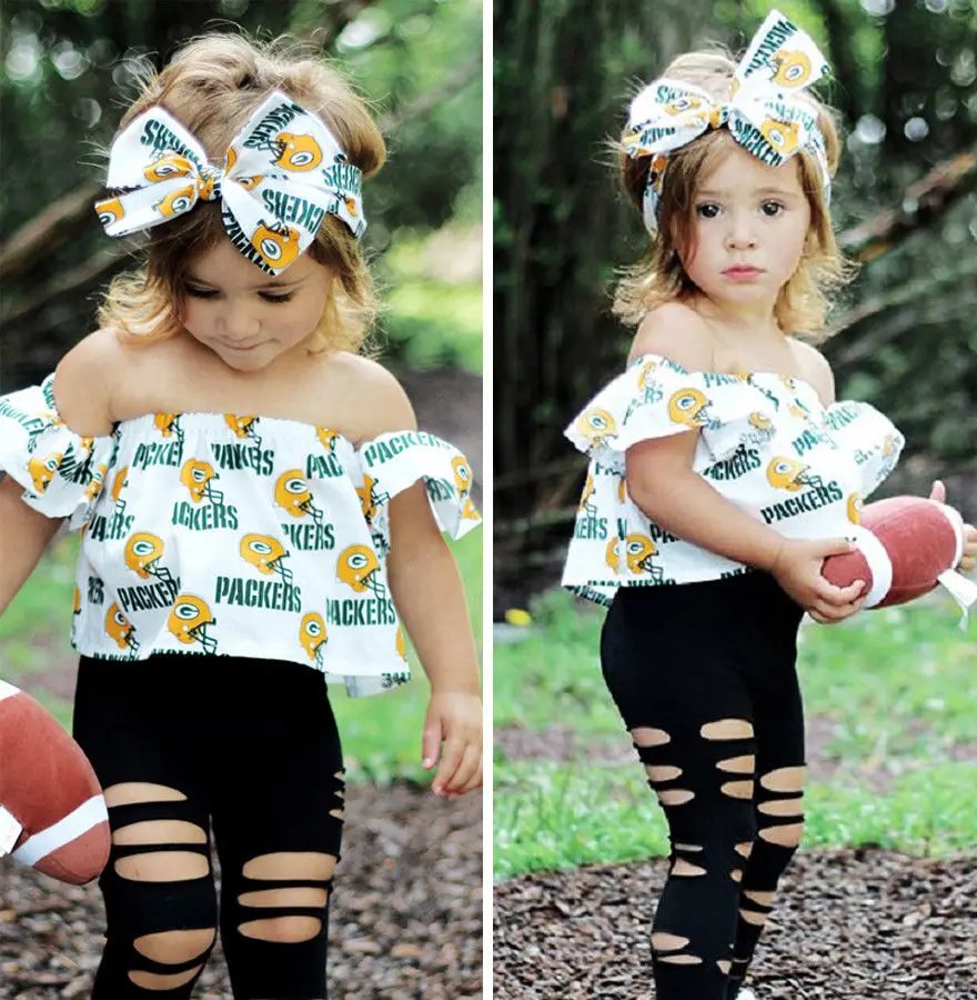 

Pudcoco Girl Set 1Y-6Y 3Pcs Kids Baby Girls Outfits Off Shoulder Tops Ripped Leggings Pants Clothes Set