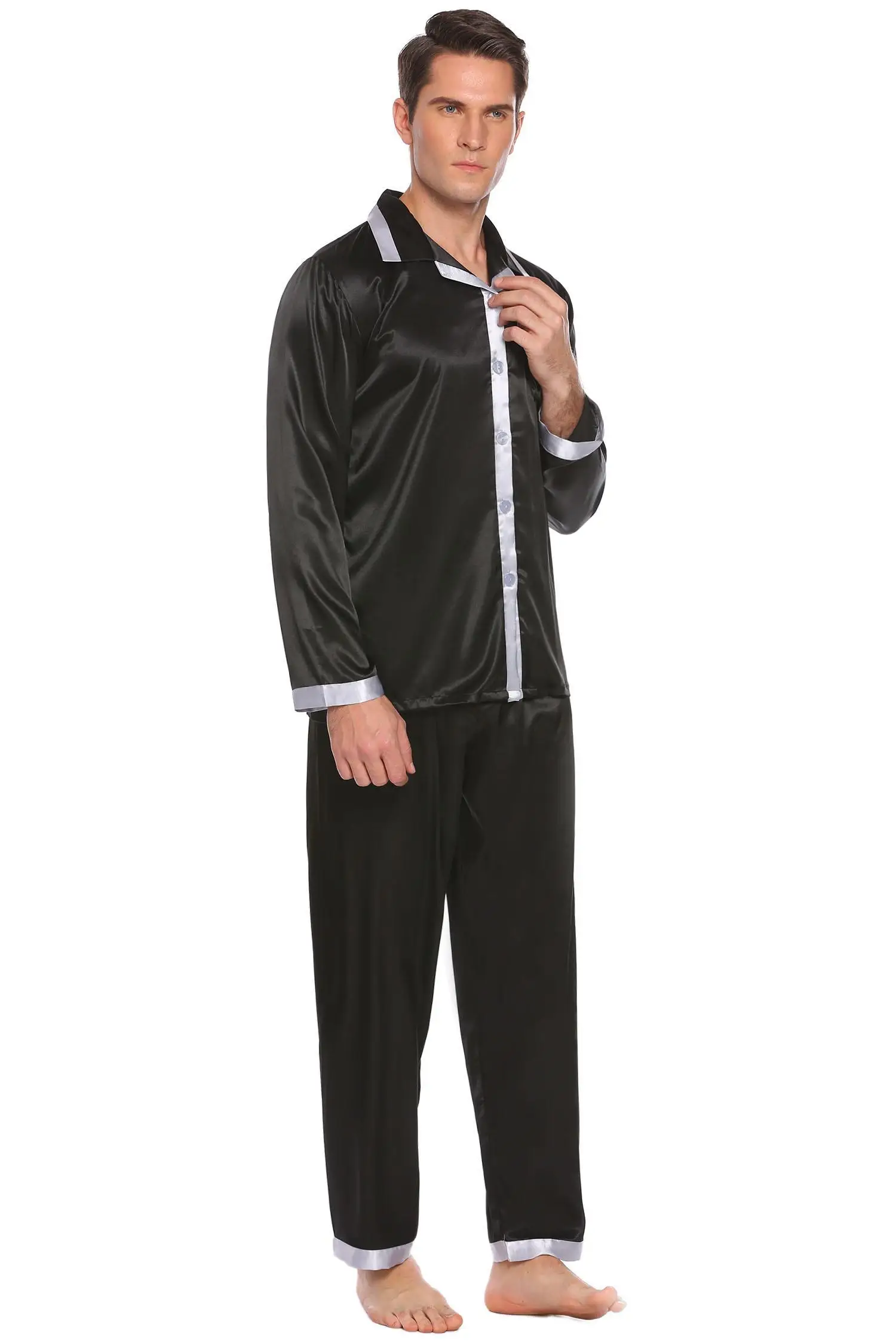 Men Sleeve Waist Turn Color 186cm 98cm 76cm Hip HOTOUCH Long Set Pajama 100cm Bust Contrast Height Satin Down Collar | Мужская одежда