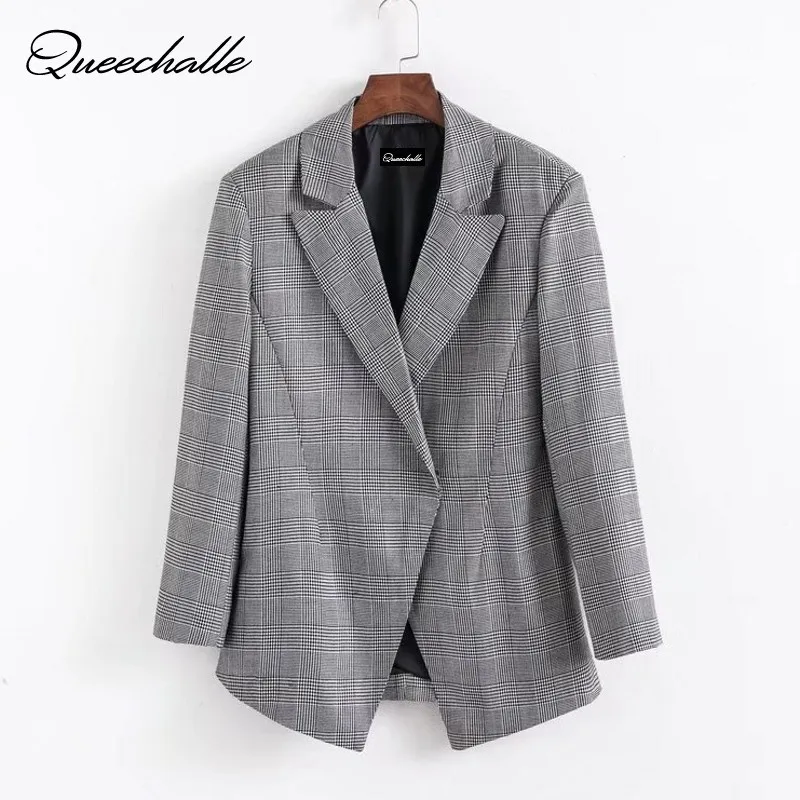 Queechalle 2021 Spring Autumn Plaid Suit Jacket Coat Female Back Split Formal Workwear Notched Office Lady Coats Women's Blazer