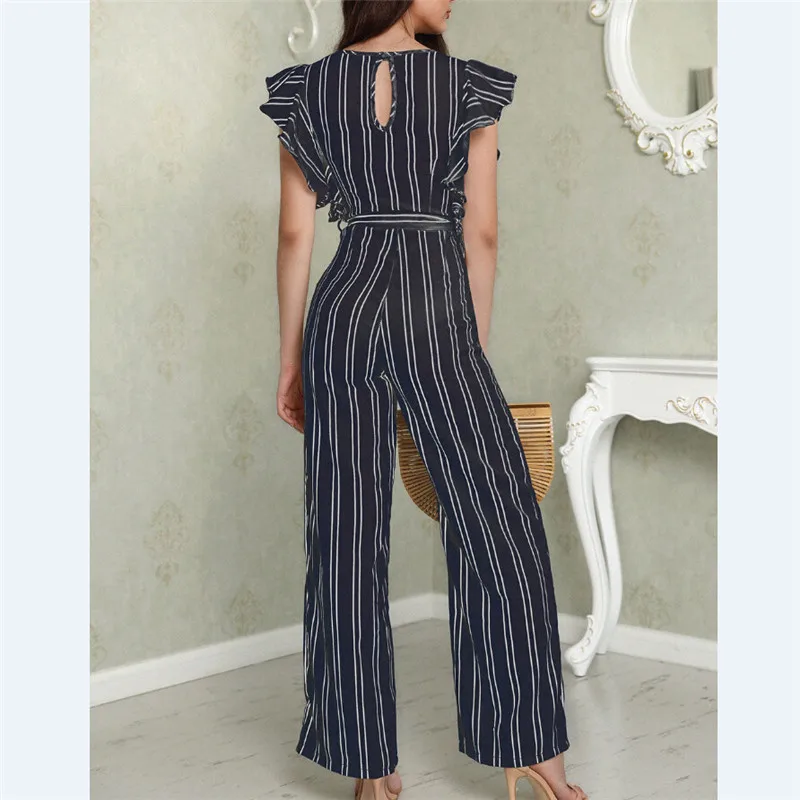 Women Lady V Neck Loose Playsuit Party Ladies Romper Sleeveless Long Jumpsuit High Waisted Vertical Stripe | Женская одежда