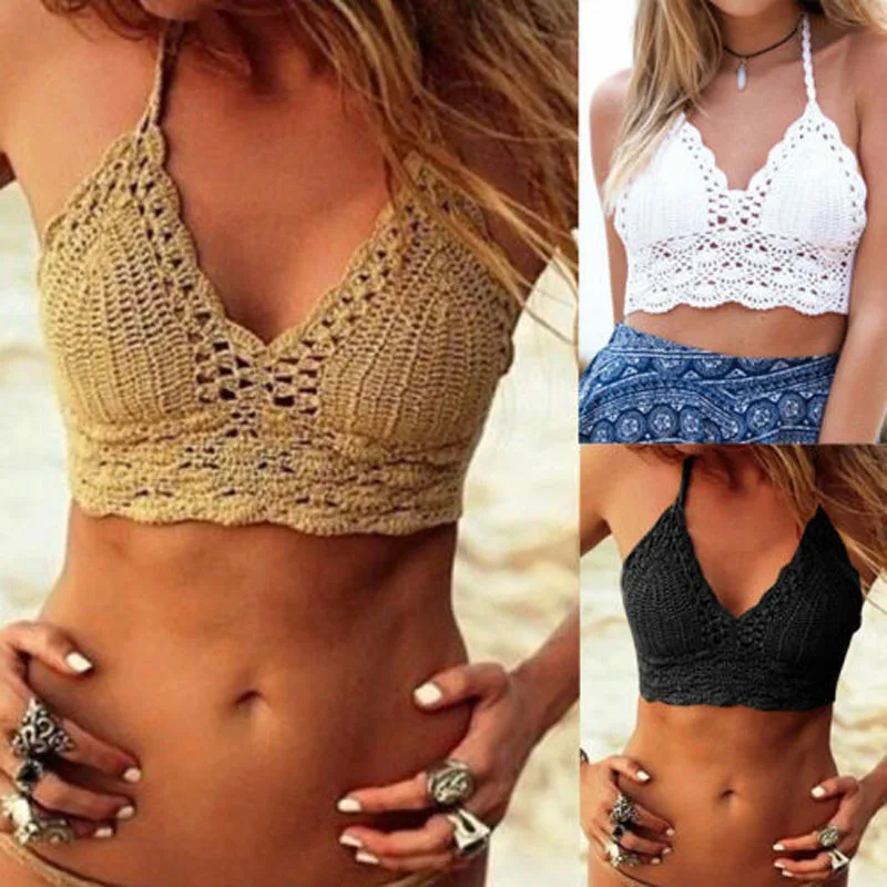 

2019 New Brand Fashion Women Crochet Lace Bralette Knit Bra Boho Beach Bikini Halter Cami Tank Crop Top
