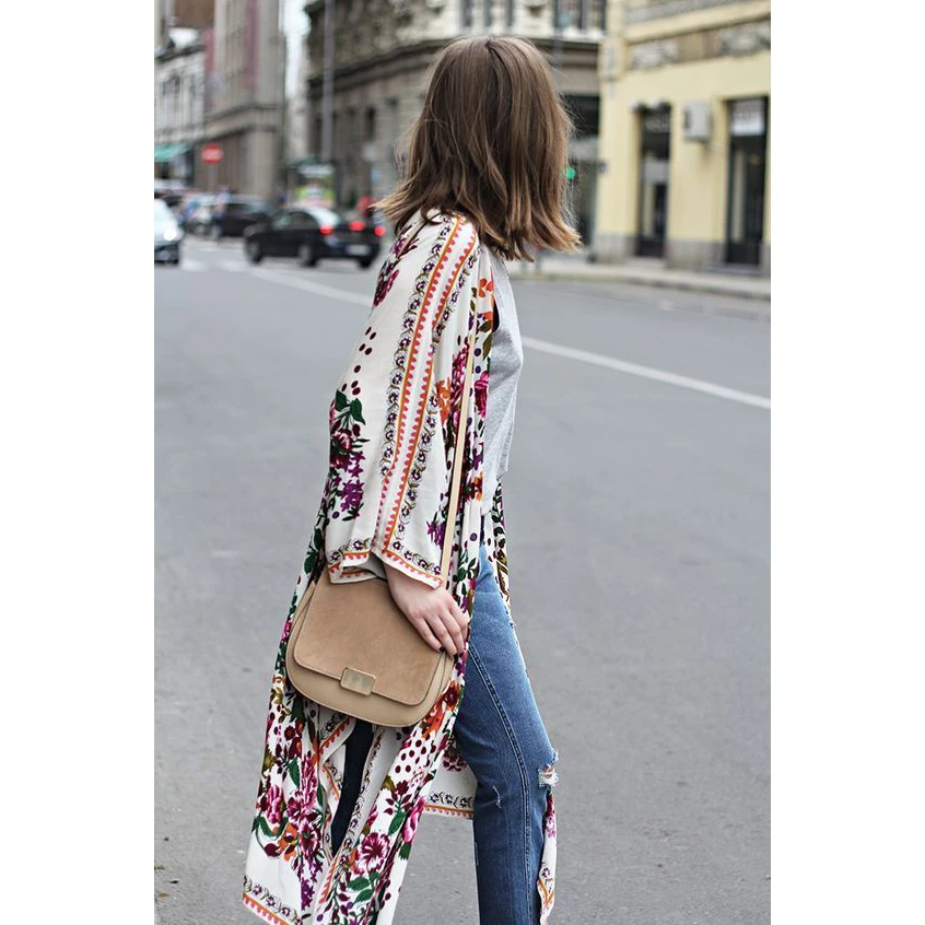 Женский пляжный кардиган Boho Свободный Топ с цветочным принтом и длинным рукавом