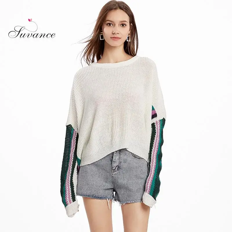 Женский трикотажный свитер в стиле пэчворк с круглым вырезом | Женская одежда