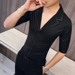 Мужская Однотонная рубашка с рукавом семь четвертей, Kemeja Pria, Camisa Masculina, костюм с воротником, Повседневная стильная мужская рубашка с полурукавами