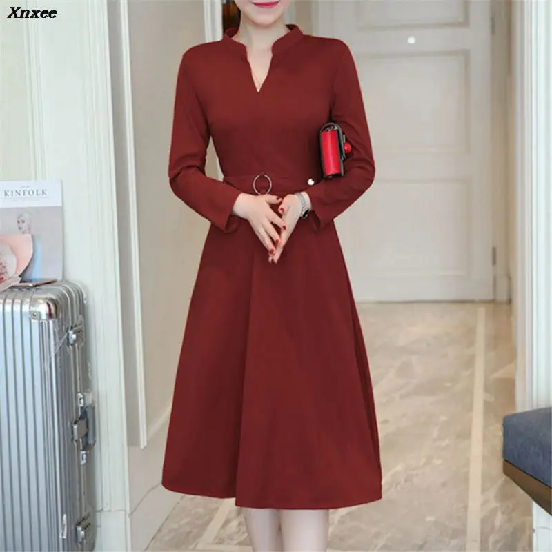 

2018 Autumn Winter Dress Women Elegant Vintage Casual Long Sleeve V-neck Evening Party Dresses Long Plus Size 3XL Vestidos Xnxee