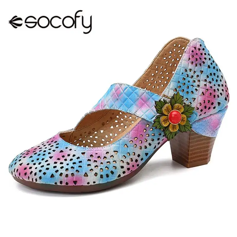 Туфли лодочки Socofy женские ажурные богемные на высоком каблуке из натуральной