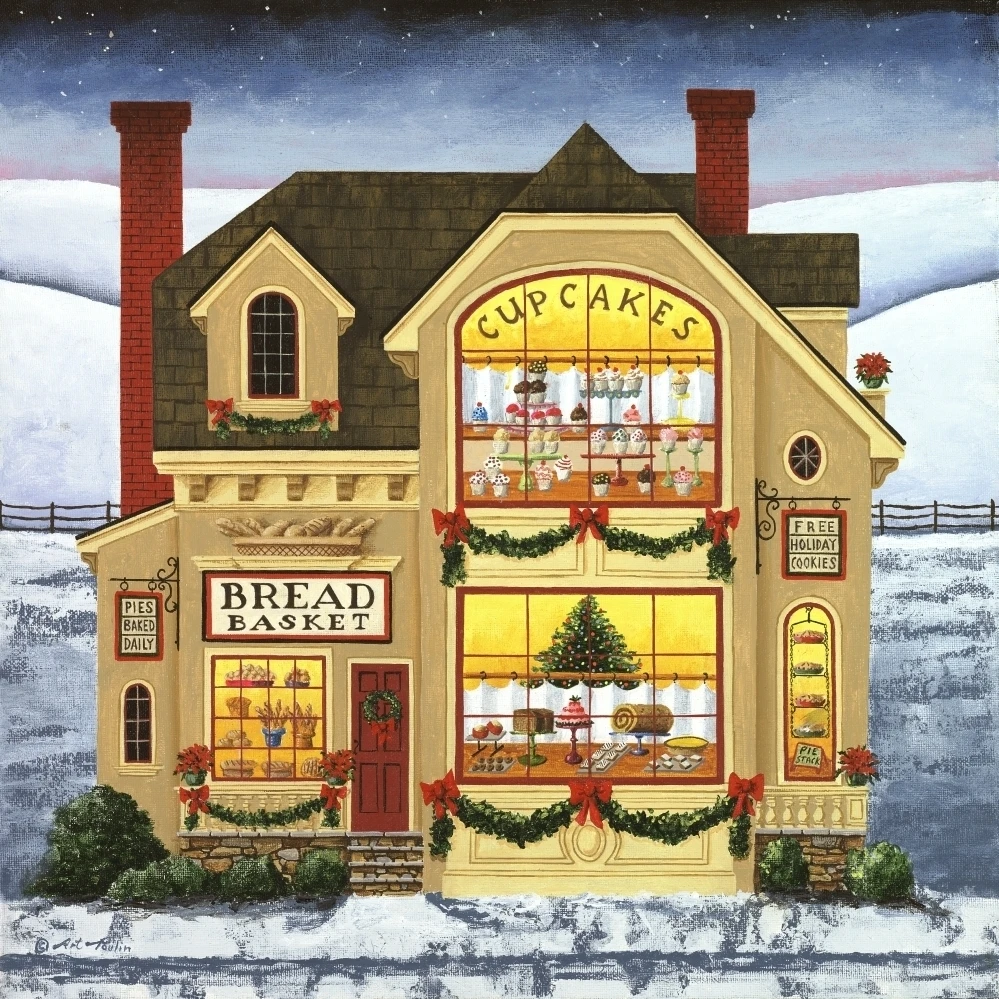 Рождественская деревня The Bread постер с корзиной печать по Art Poulin (12x12)|Таблички и