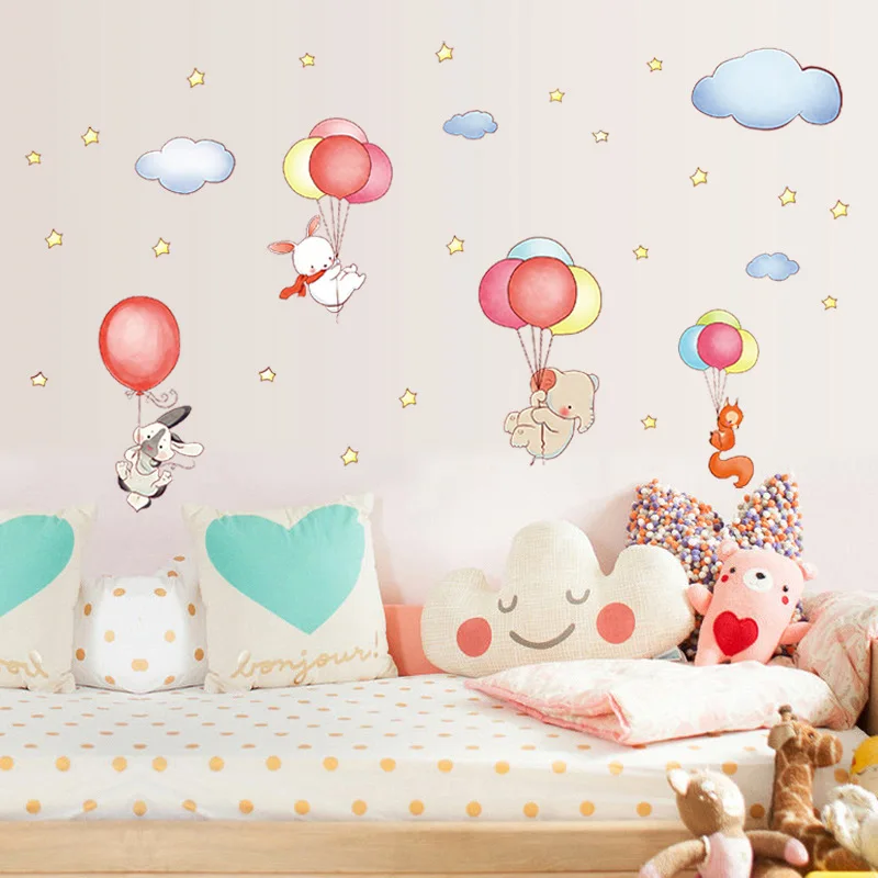 Мультфильм животных воздушный шар с облаками Стикеры Для детей малышей Спальня